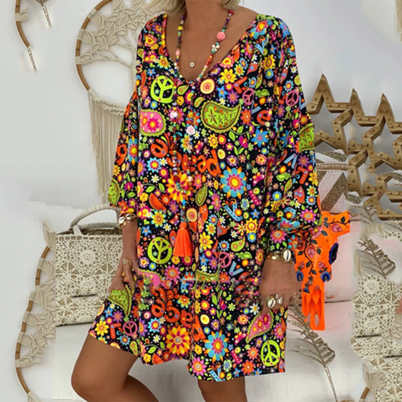 Spring And Summer New Women's V-neck Printed Peace Floral Oversized Long Dress