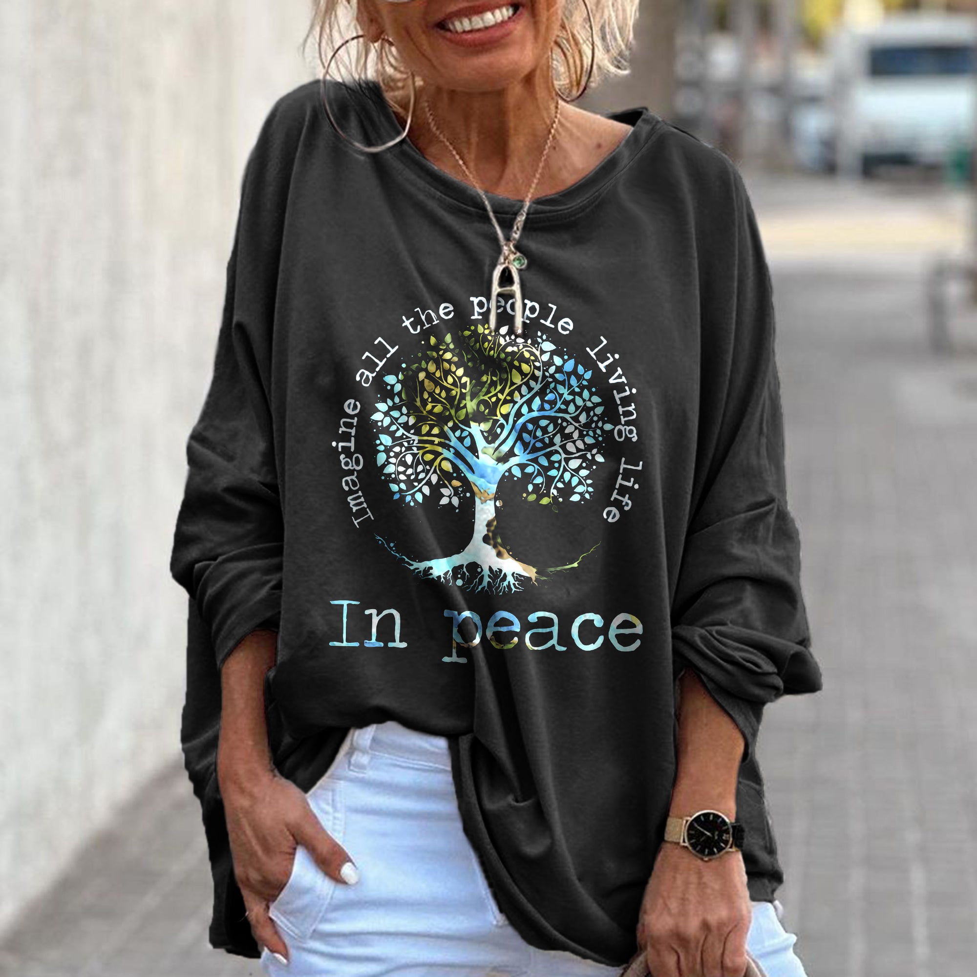 Imagine All The People Living Life In Peace Printed Hippie Women's T-shirt