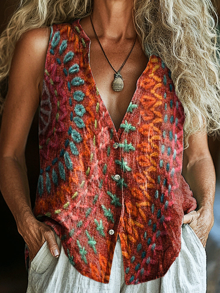 Women's Ethnic Texture Art Print Sleeveless Cotton Shirt