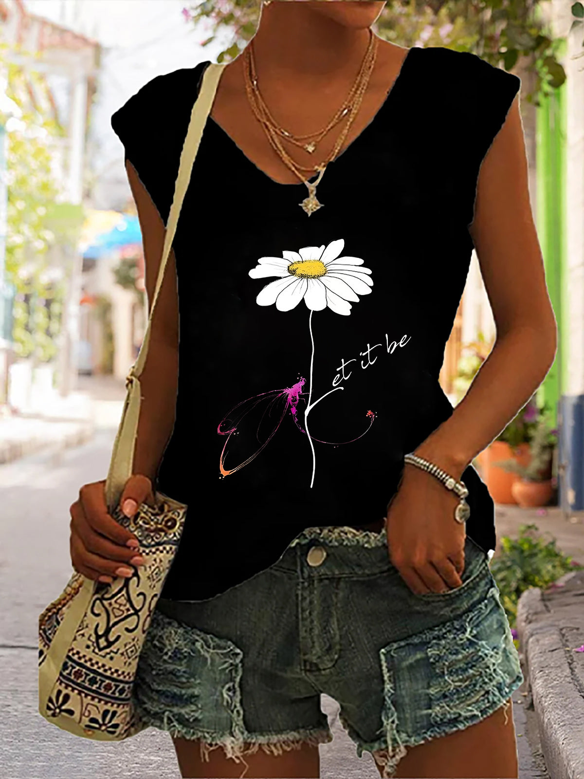 Daisy Let It Be Print V-neck Women's Vest