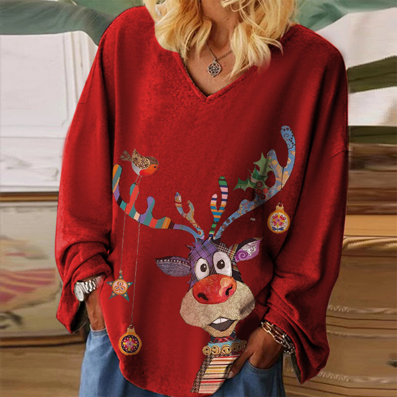 Lovely Cartoon Reindeer Print V-neck Long Sleeve Tee