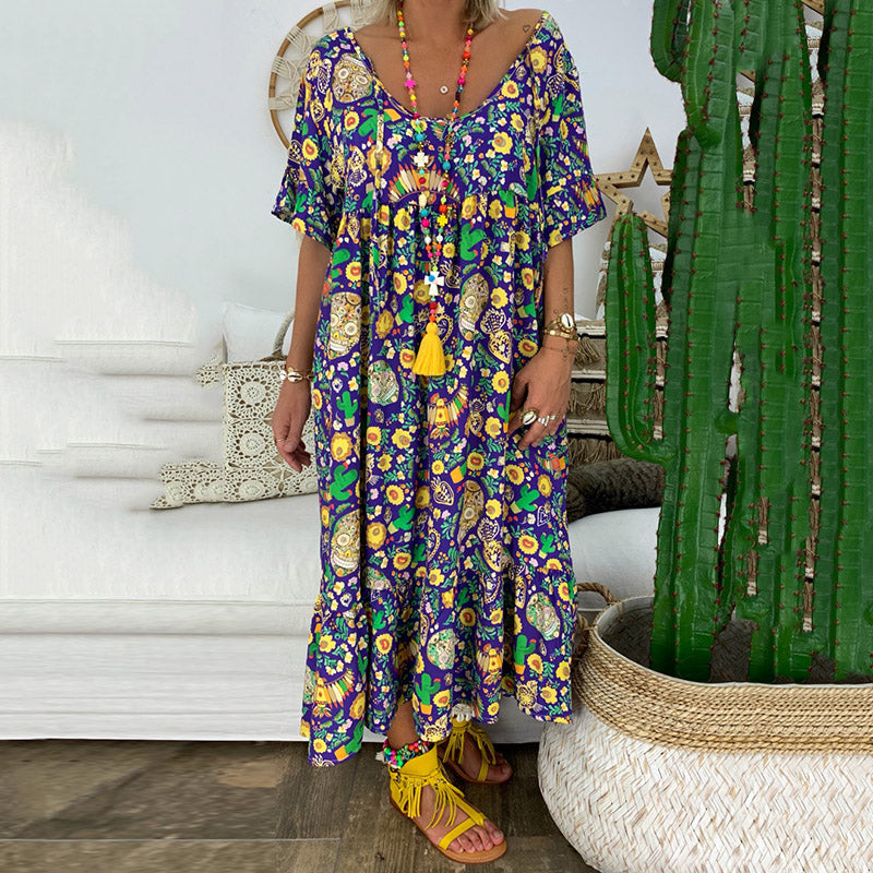 New Style Ruffled-sleeve Flower Printed Pleated Design Loose Long Dress In Purple