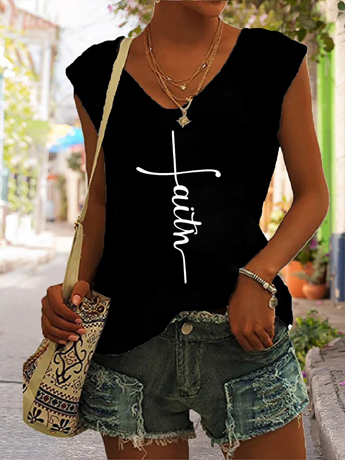 Faith Print Casual V-neck Sleeveless Tank Top