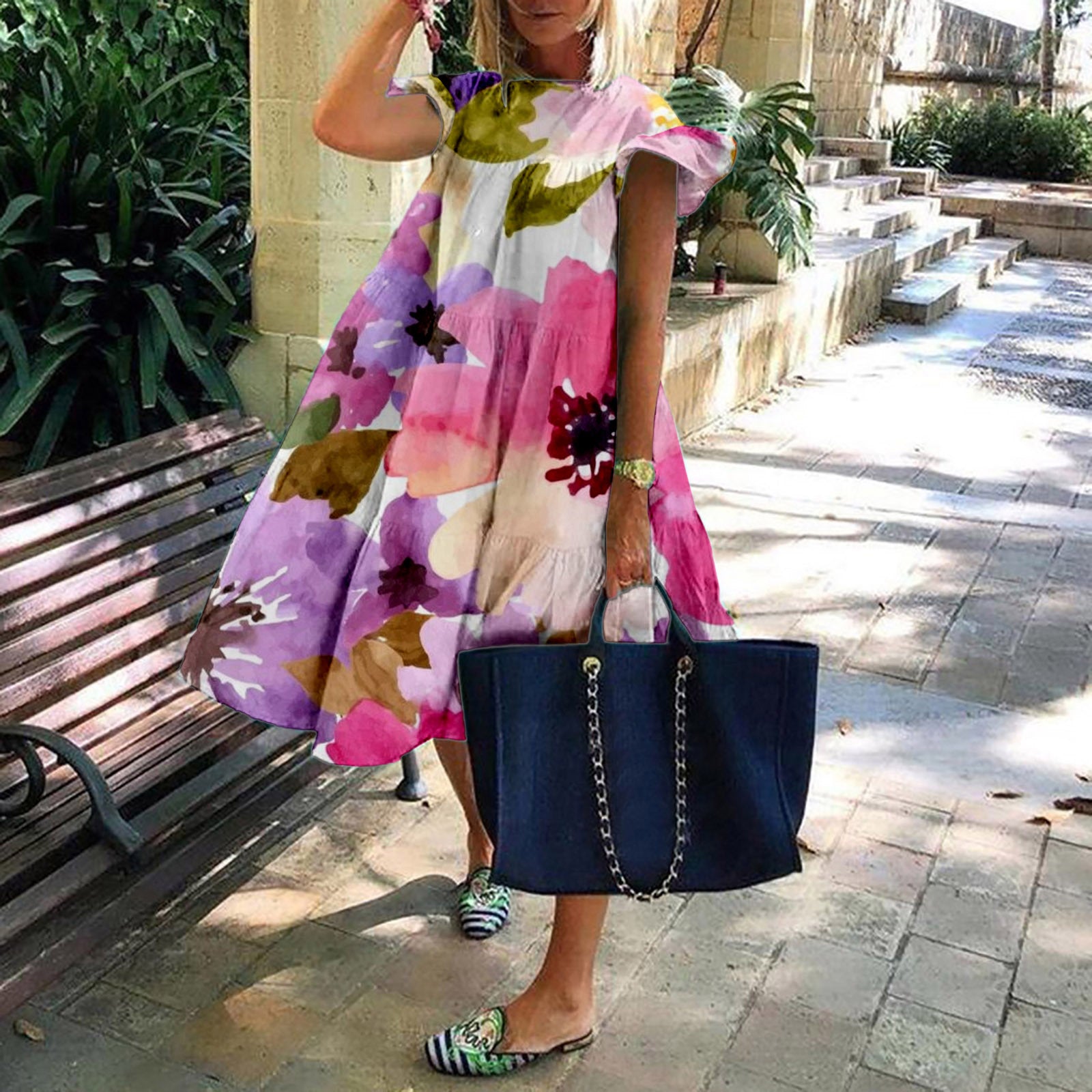 Round Neck Floral Fashion Short Sleeve Loose Dress