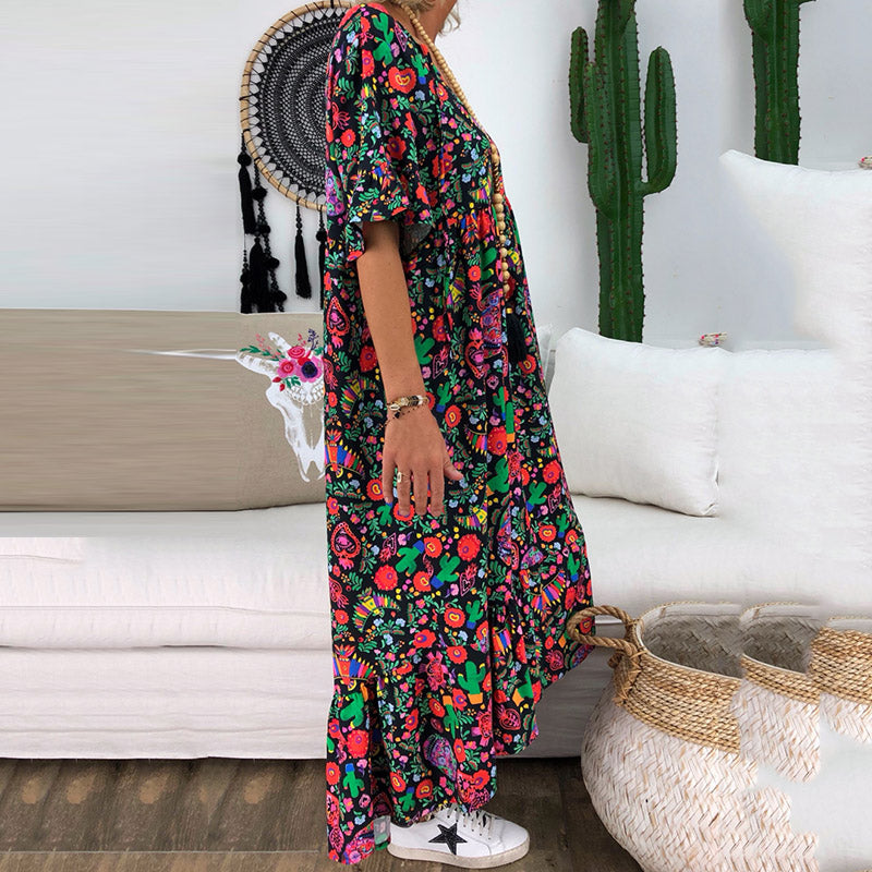 New Style Ruffled-sleeve Flower Printed Pleated Design Loose Long Dress