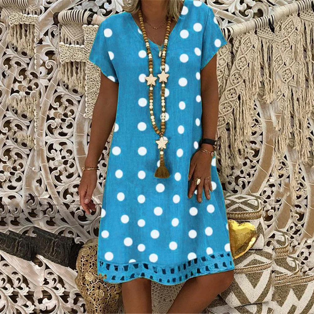 Polka Dot Short Sleeve V-Neck Print Mid Skirt