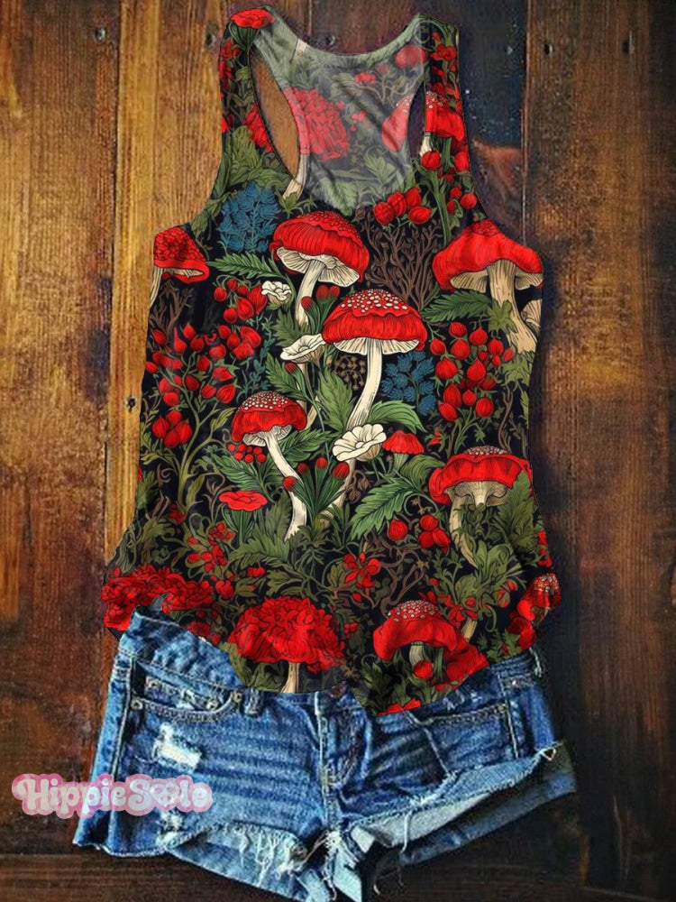 Women's Retro Hippie Tree Of Life Mushroom Print Tank Top
