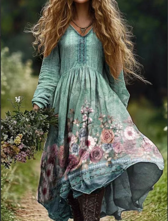 Vintage Oil Painting Floral Art Printed Women's Long Sleeve V-Neck Dress