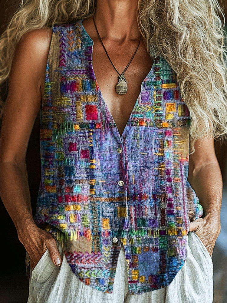 Women's Vintage Ethnic Collage Texture Art Print Sleeveless Cotton Shirt