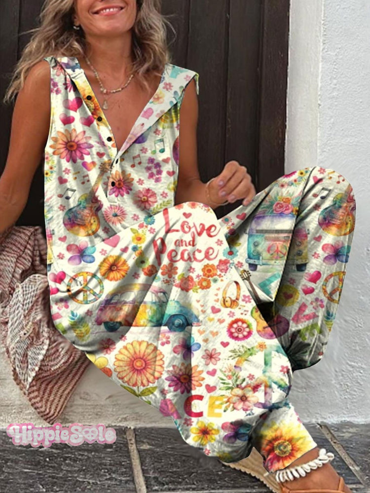 Vintage Hippie Watercolor Peace Flower Power Print Tank Top