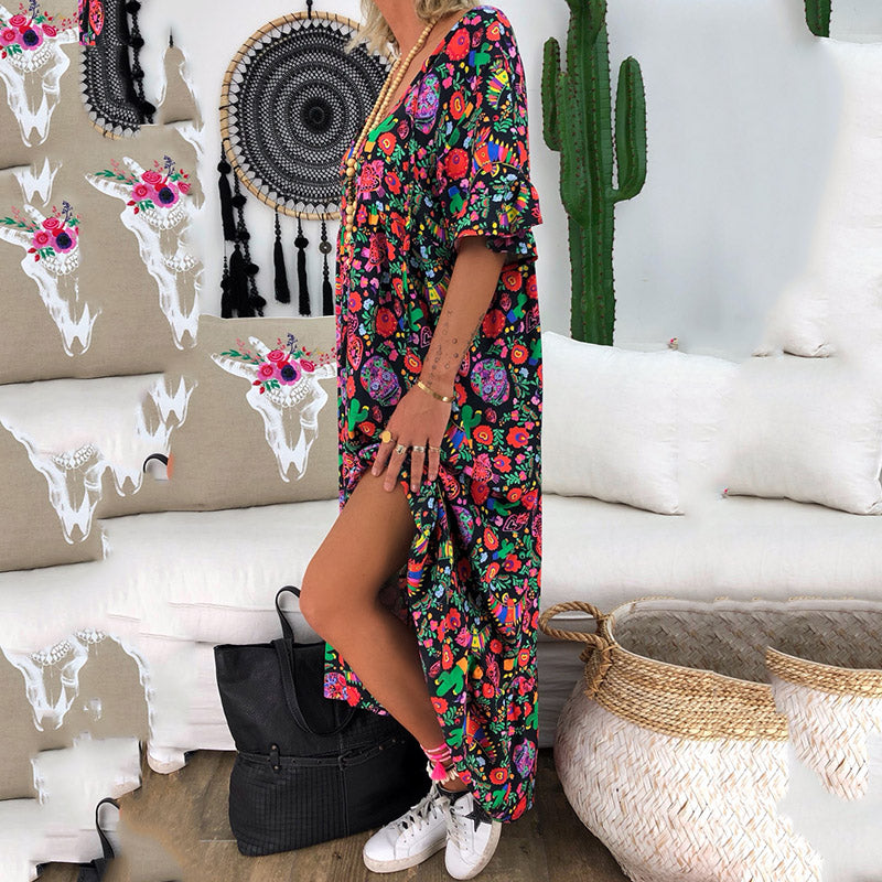 New Style Ruffled-sleeve Flower Printed Pleated Design Loose Long Dress