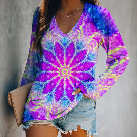 Blue Mandala Print Loose Long Sleeve T-shirt