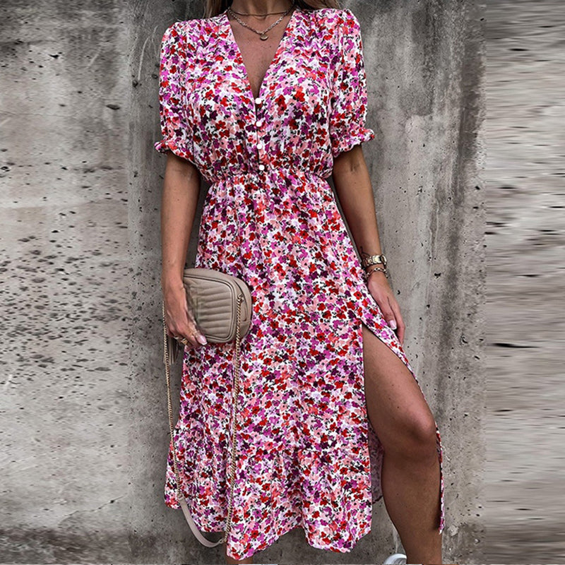 V-neck Bohemian Vintage Floral Vacation Dresses