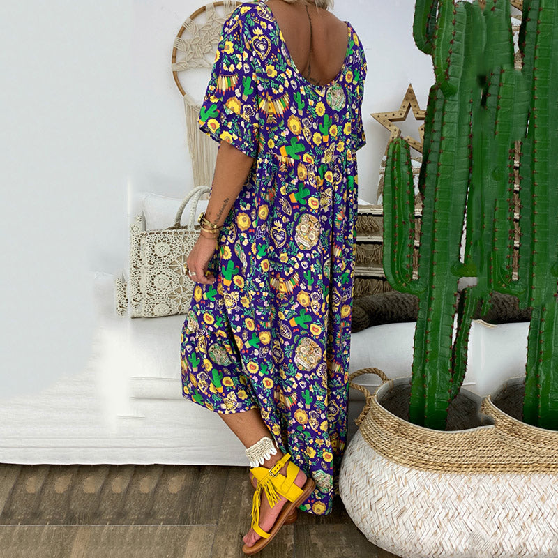 New Style Ruffled-sleeve Flower Printed Pleated Design Loose Long Dress In Purple