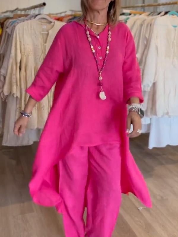 Solid Color Casual Long-Sleeved Cotton And Linen Women's Two-Piece Suit