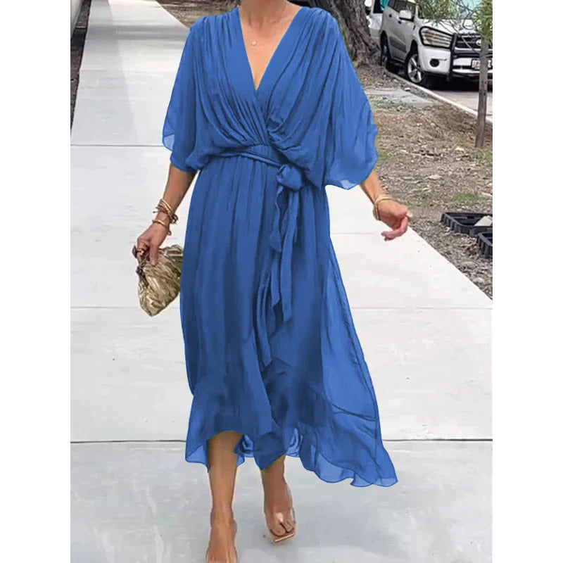Solid Color Strappy Long Skirt With Bat Sleeves And Irregular Sleeves Dress
