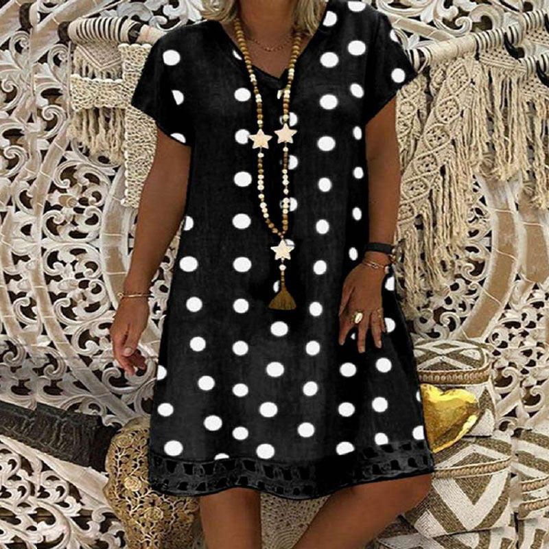 Polka Dot Short Sleeve V-Neck Print Mid Skirt