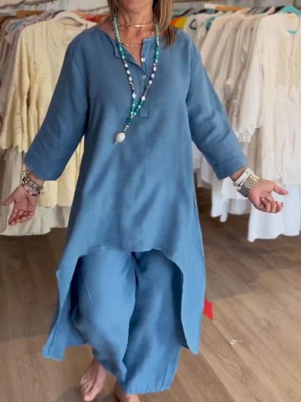 Solid Color Casual Long-Sleeved Cotton And Linen Women's Two-Piece Suit