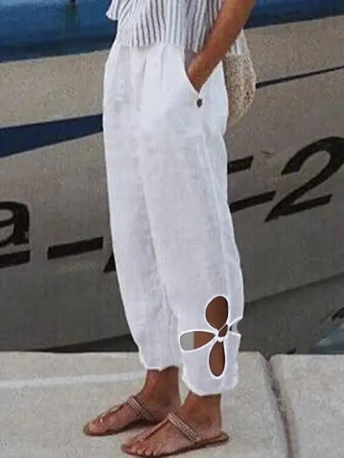 Cotton And Linen Fashion Daily Side Pocket Cut-out Casual Pants