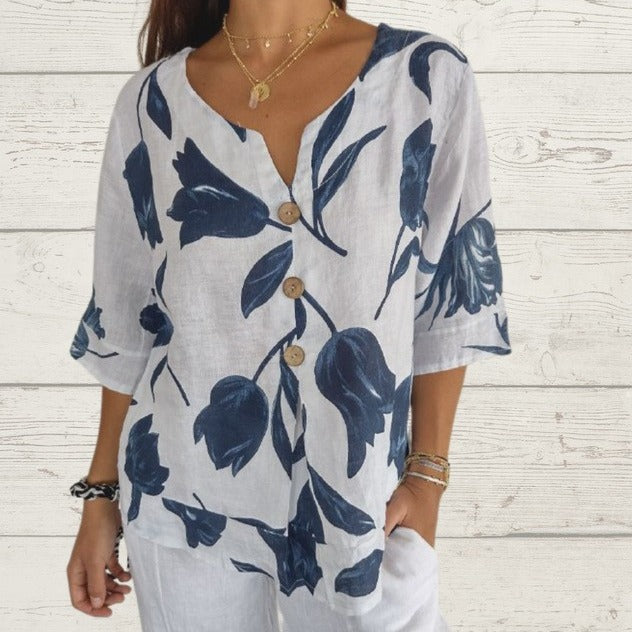 Summer Fashion Printed Cotton And Linen V-Neck Short-Sleeved Pullover Women's Shirt