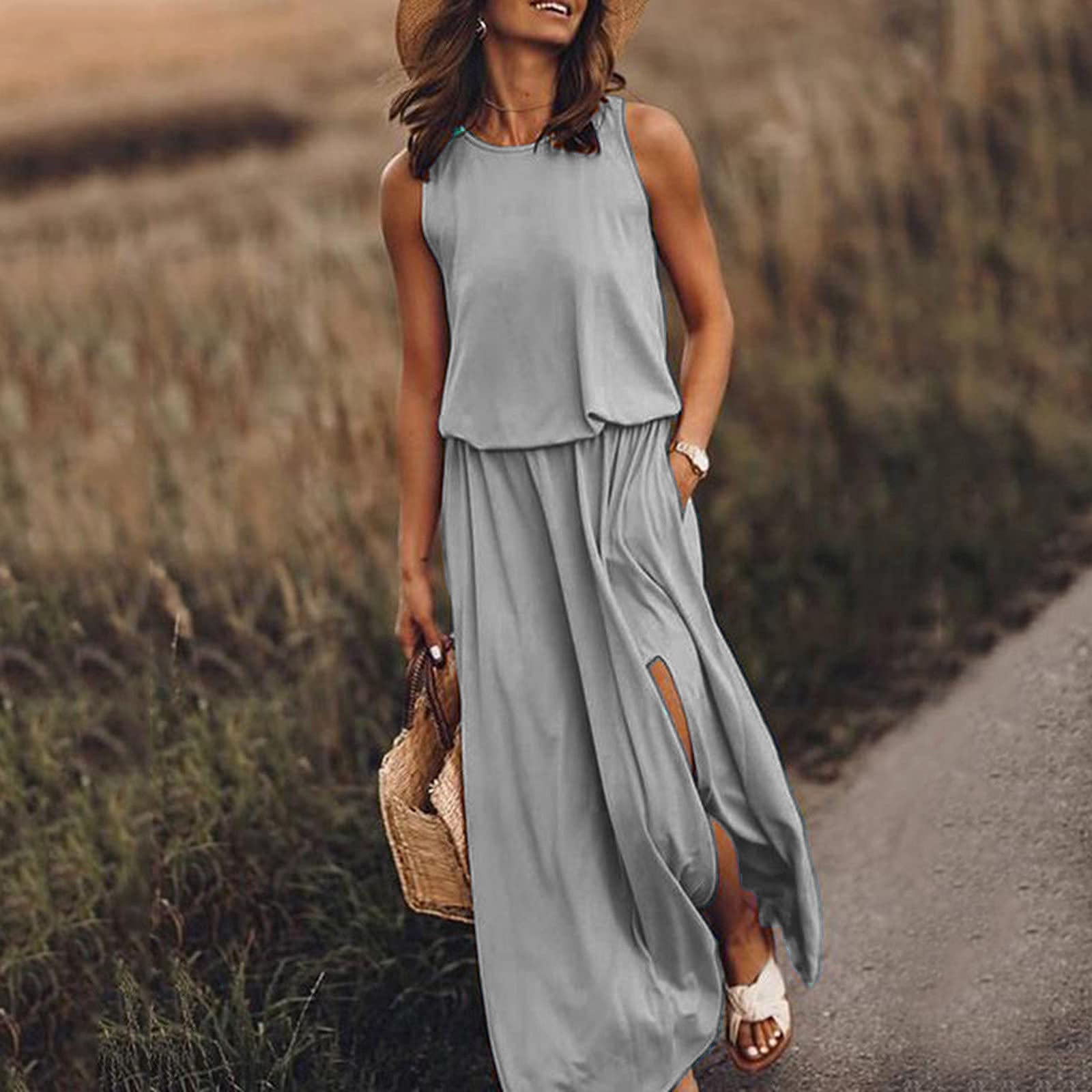 Women's Summer Round Neck Sleeveless Dress Split Solid Colour Dress