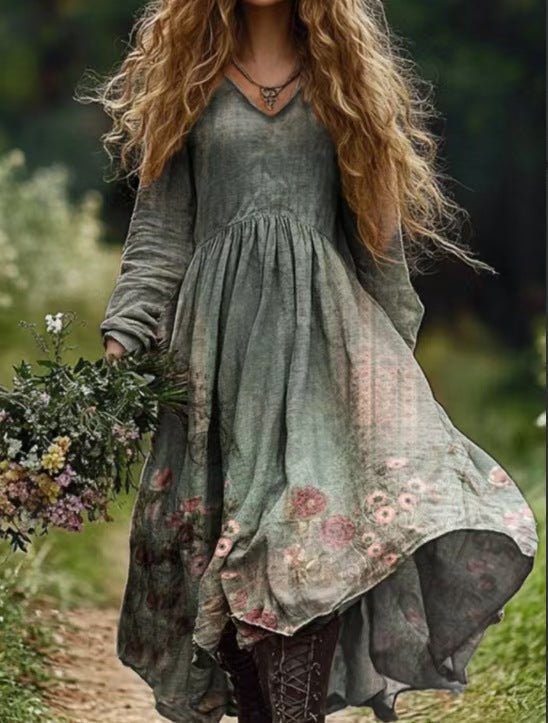 Vintage Floral Art Printed Women's Long Sleeve V-Neck Dress