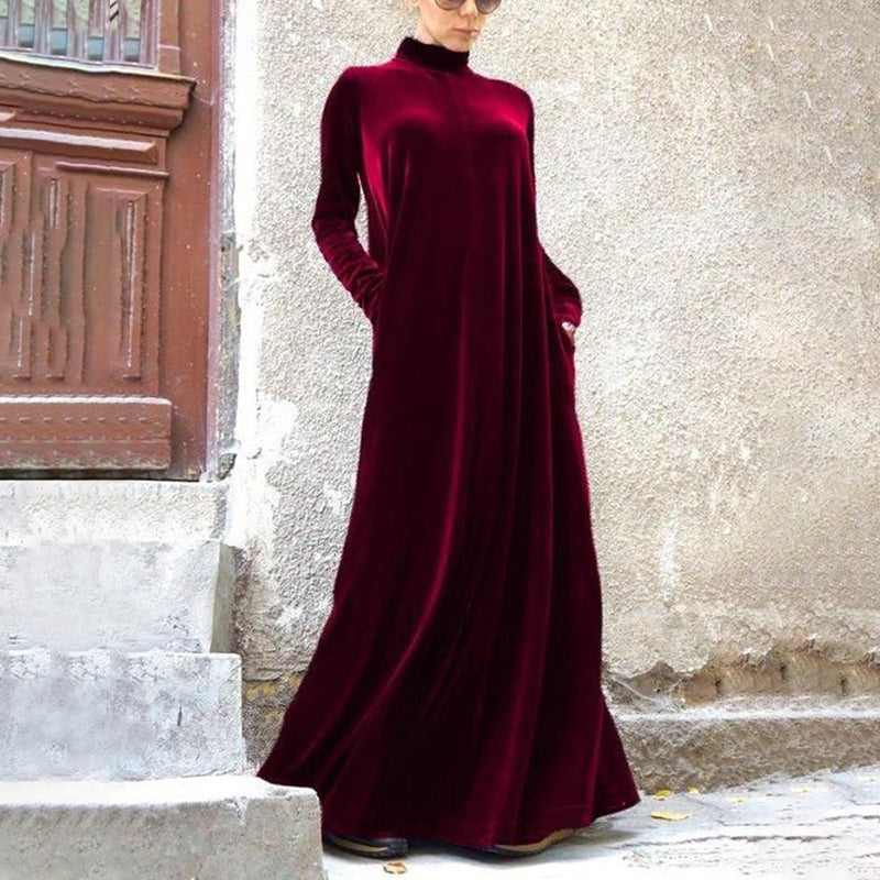 [Clearance Sale]High Collar Solid Color Velvet Elegant Long Dress
