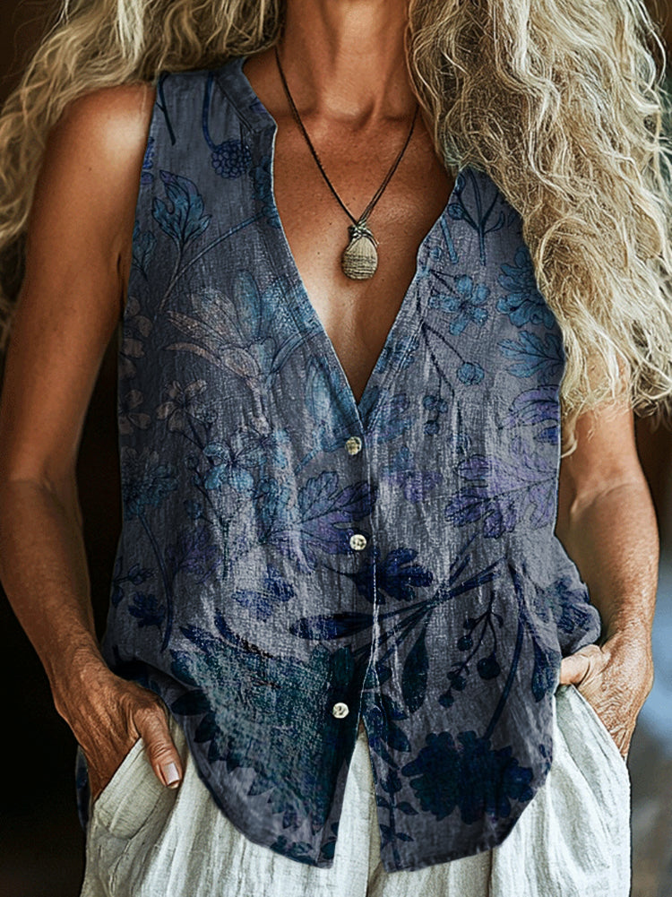 Women's Vintage Ethnic Floral Art Print Sleeveless Cotton Shirt