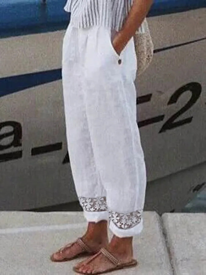 Fashion Solid Colour Cotton Linen Lace Elasticated Waist Pants
