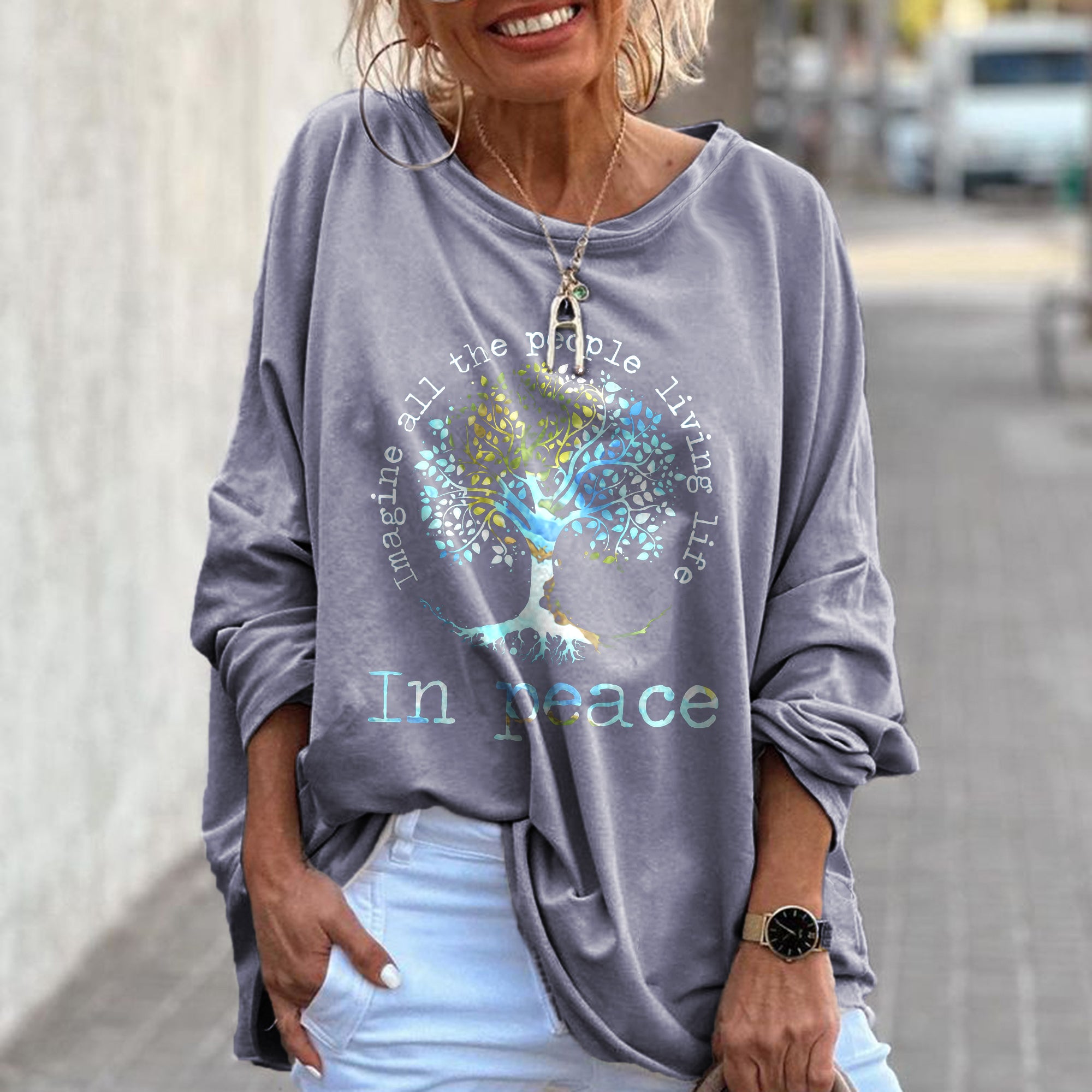 Imagine All The People Living Life In Peace Printed Hippie Women's T-shirt