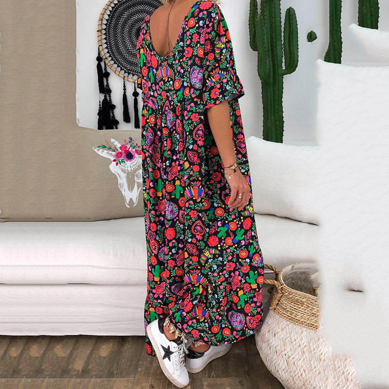 New Style Ruffled-sleeve Flower Printed Pleated Design Loose Long Dress