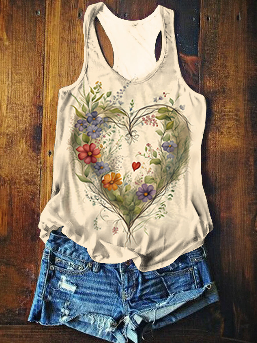 Women's Floral Heart Pattern Art Print Tank Top