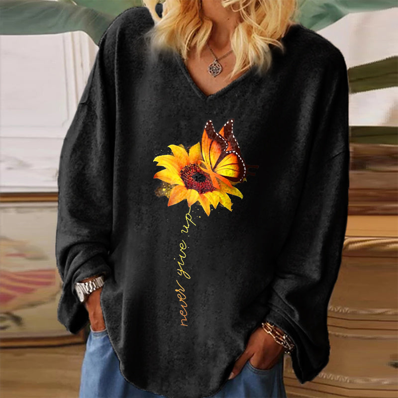 Never Give Up Printed Flower T-shirt