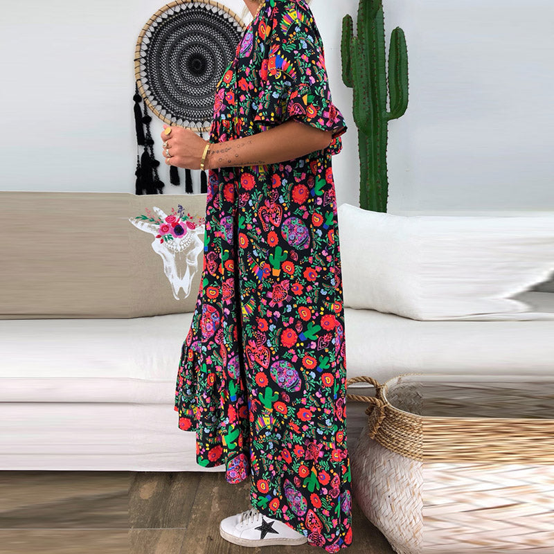 New Style Ruffled-sleeve Flower Printed Pleated Design Loose Long Dress