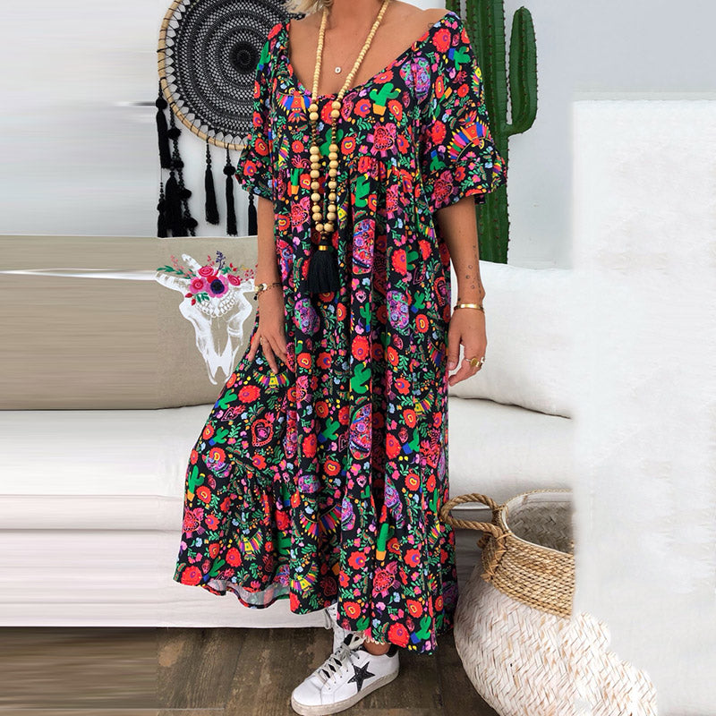 New Style Ruffled-sleeve Flower Printed Pleated Design Loose Long Dress