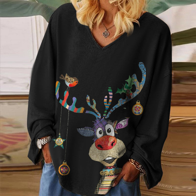 Lovely Cartoon Reindeer Print V-neck Long Sleeve Tee
