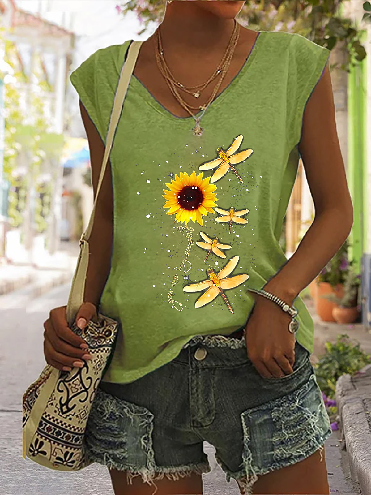 Sunflower Dragonfly Print V-neck Women's Vest