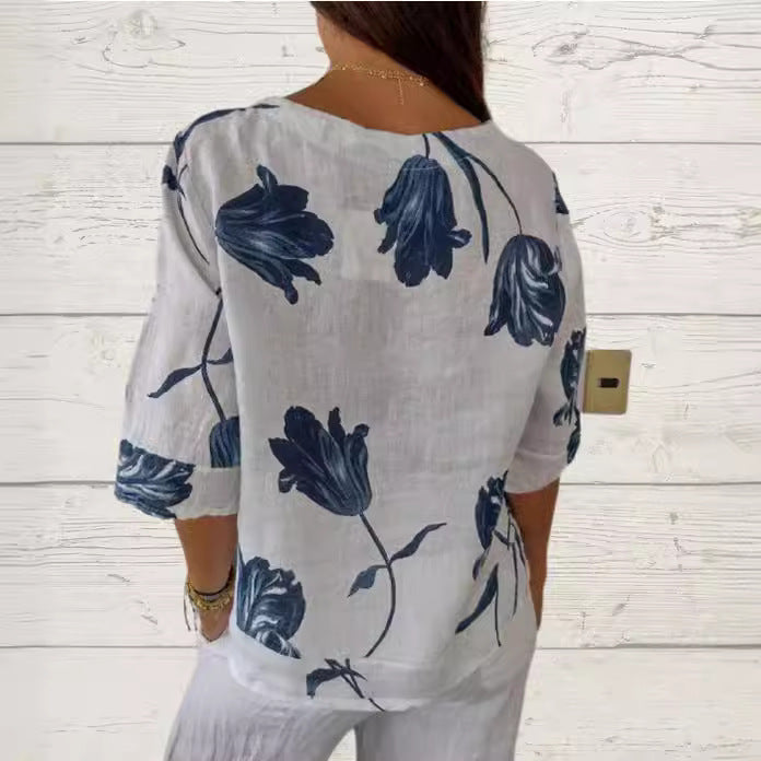 Summer Fashion Printed Cotton And Linen V-Neck Short-Sleeved Pullover Women's Shirt
