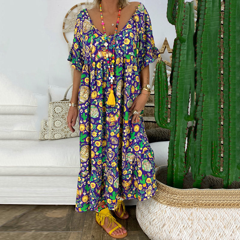 New Style Ruffled-sleeve Flower Printed Pleated Design Loose Long Dress In Purple