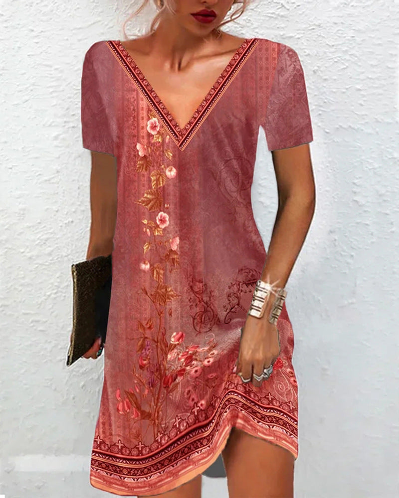 Ethnic Print Casual V-neck Short Sleeve Dress