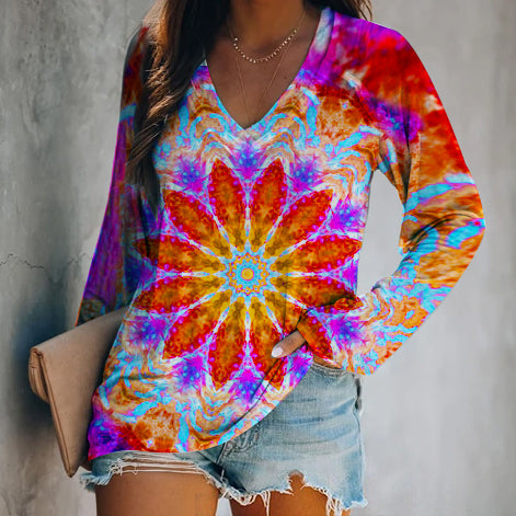 Blue Mandala Print Loose Long Sleeve T-shirt
