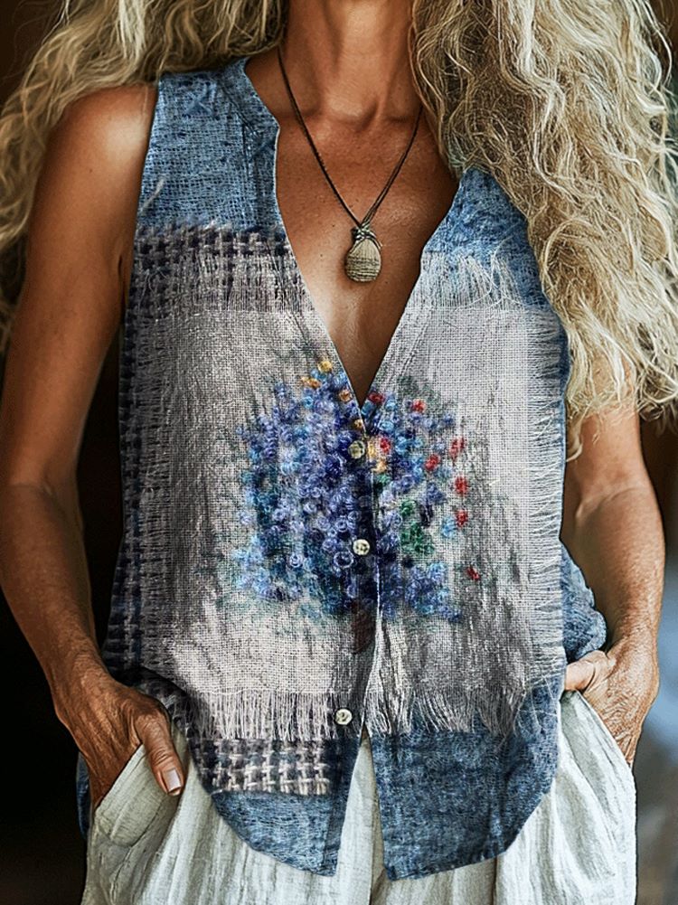 Women's Muted Patchwork Pattern Art Print Sleeveless Cotton Shirt