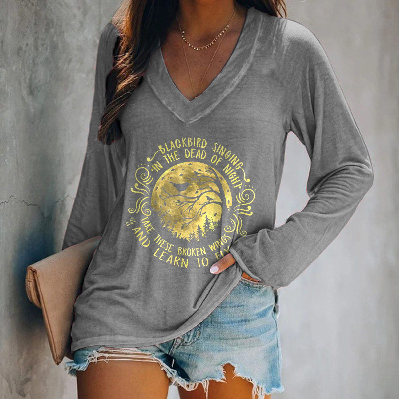 Blackbird Singing In The Dead Of Night Printed Women's T-shirt