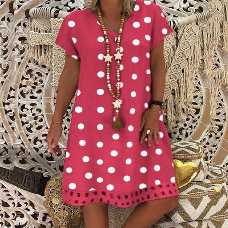 Polka Dot Short Sleeve V-Neck Print Mid Skirt