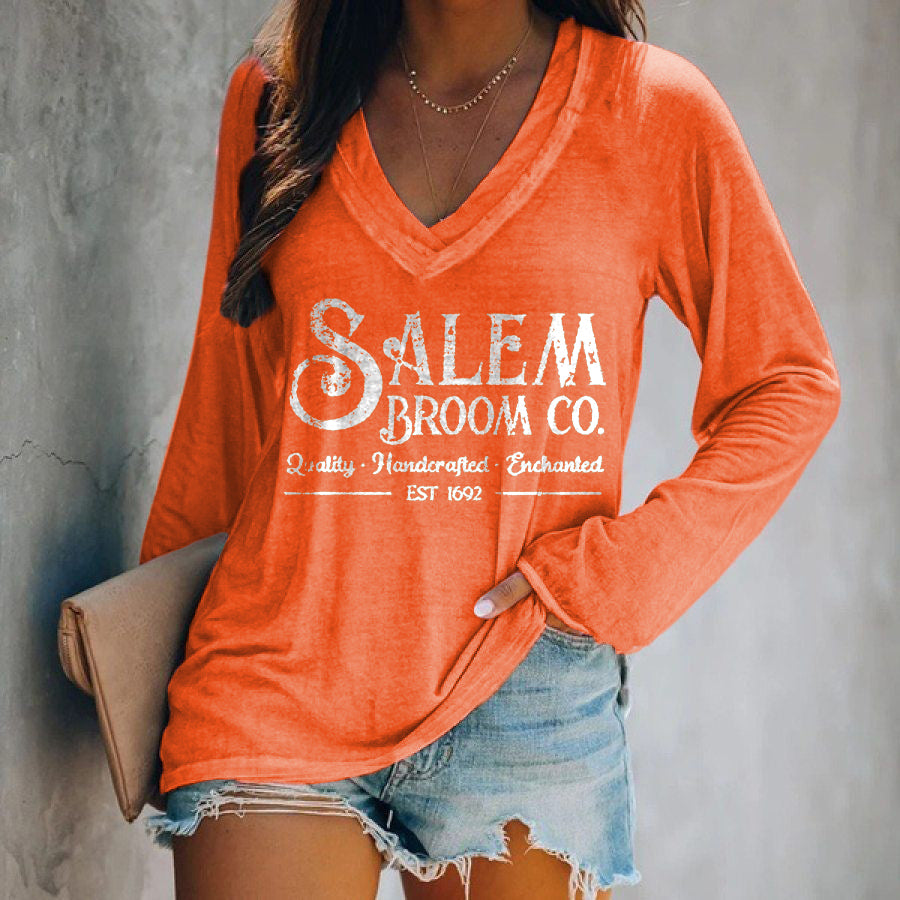 Salem Broom Printed V-neck Long Sleeve T-shirt