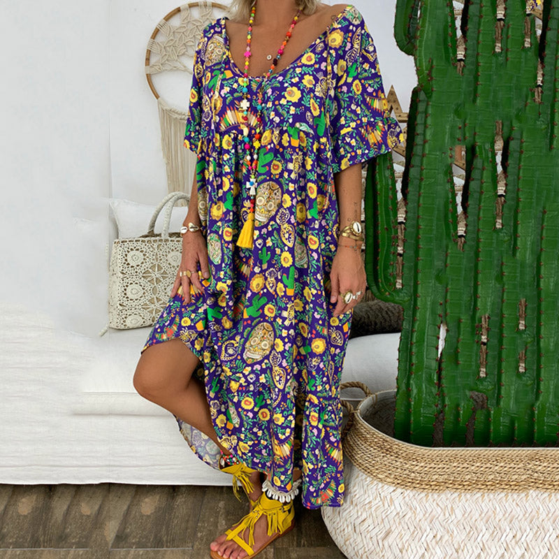 New Style Ruffled-sleeve Flower Printed Pleated Design Loose Long Dress In Purple