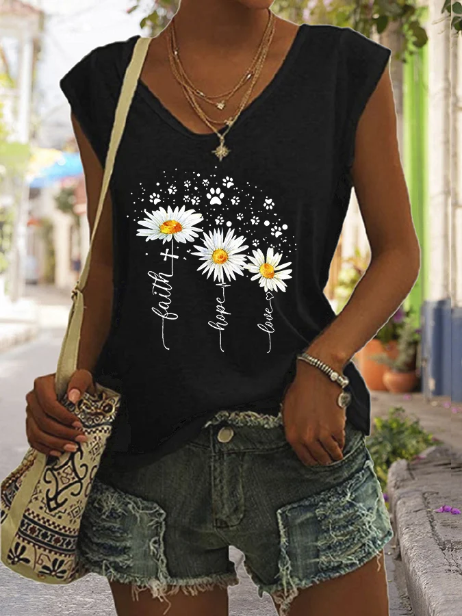 Faith Hope Love White Daisy Print Sleeveless Tank Top