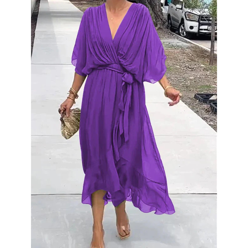 Solid Color Strappy Long Skirt With Bat Sleeves And Irregular Sleeves Dress