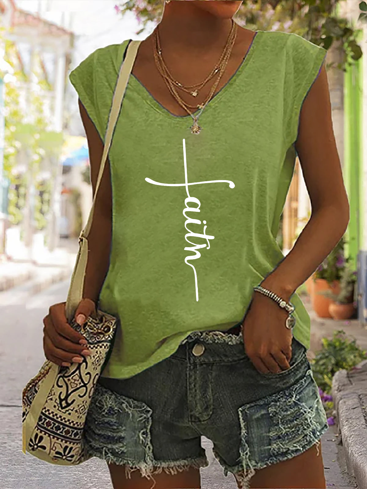 Faith Print Casual V-neck Sleeveless Tank Top