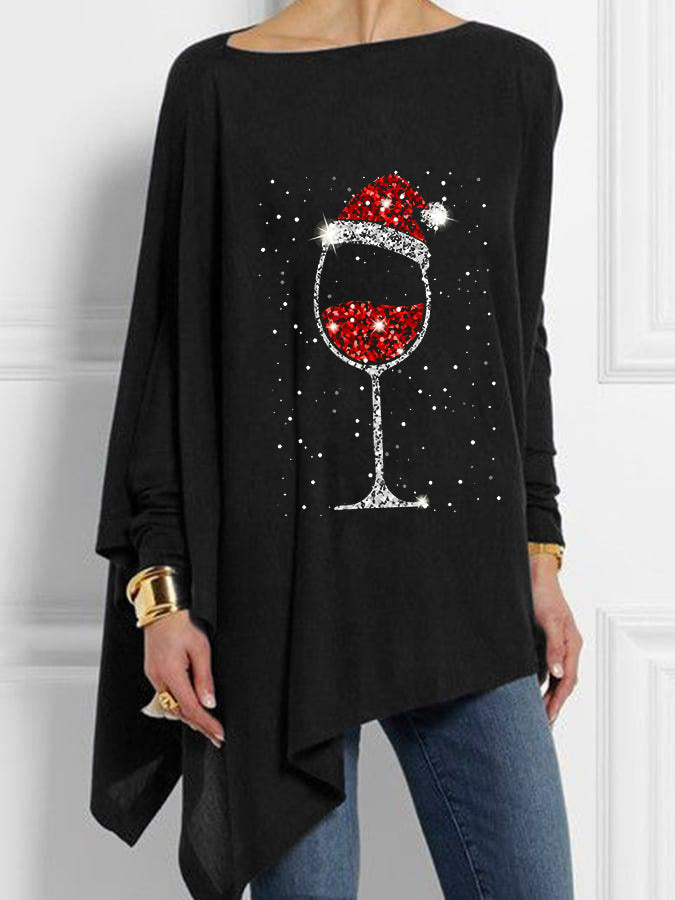 Christmas Wine Glass Printed Women's Casual Tops